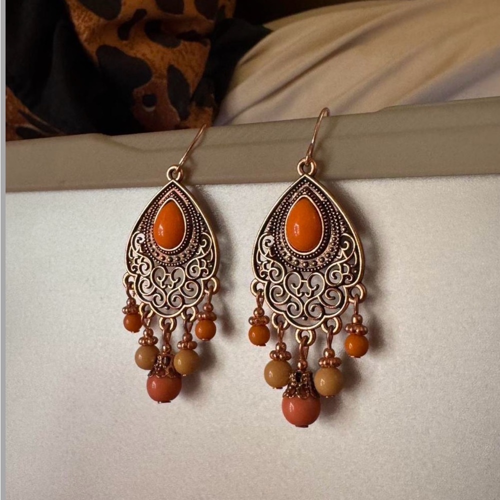 Chic Orange and Gold Teardrop Earrings